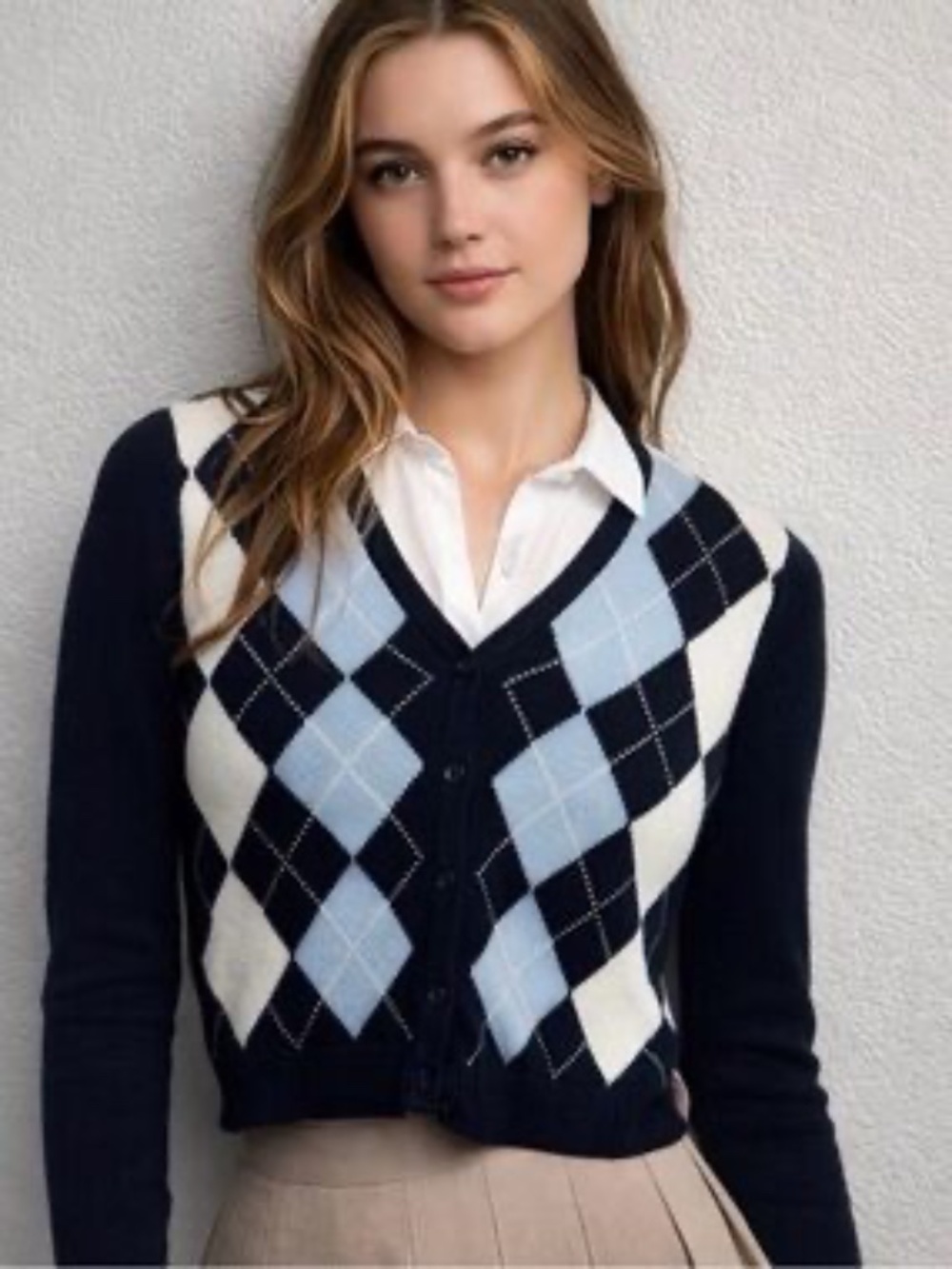 Brandy Melville Navy Argyle Open-Front Women's Sweater Cardigan